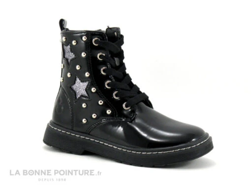 3 Pommes - Atif - Bottine Fille Noir Verni - Etoiles Argent